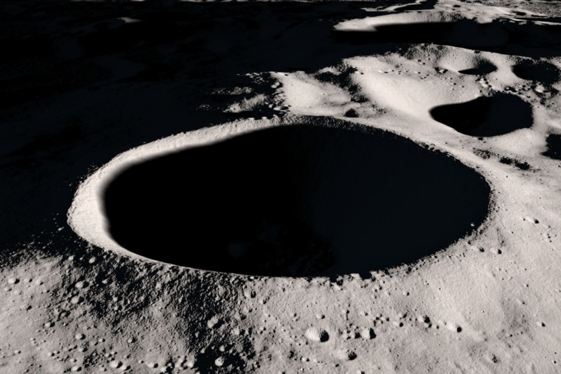 A computer-generated image of the Moon's Shackleton crater in natural color