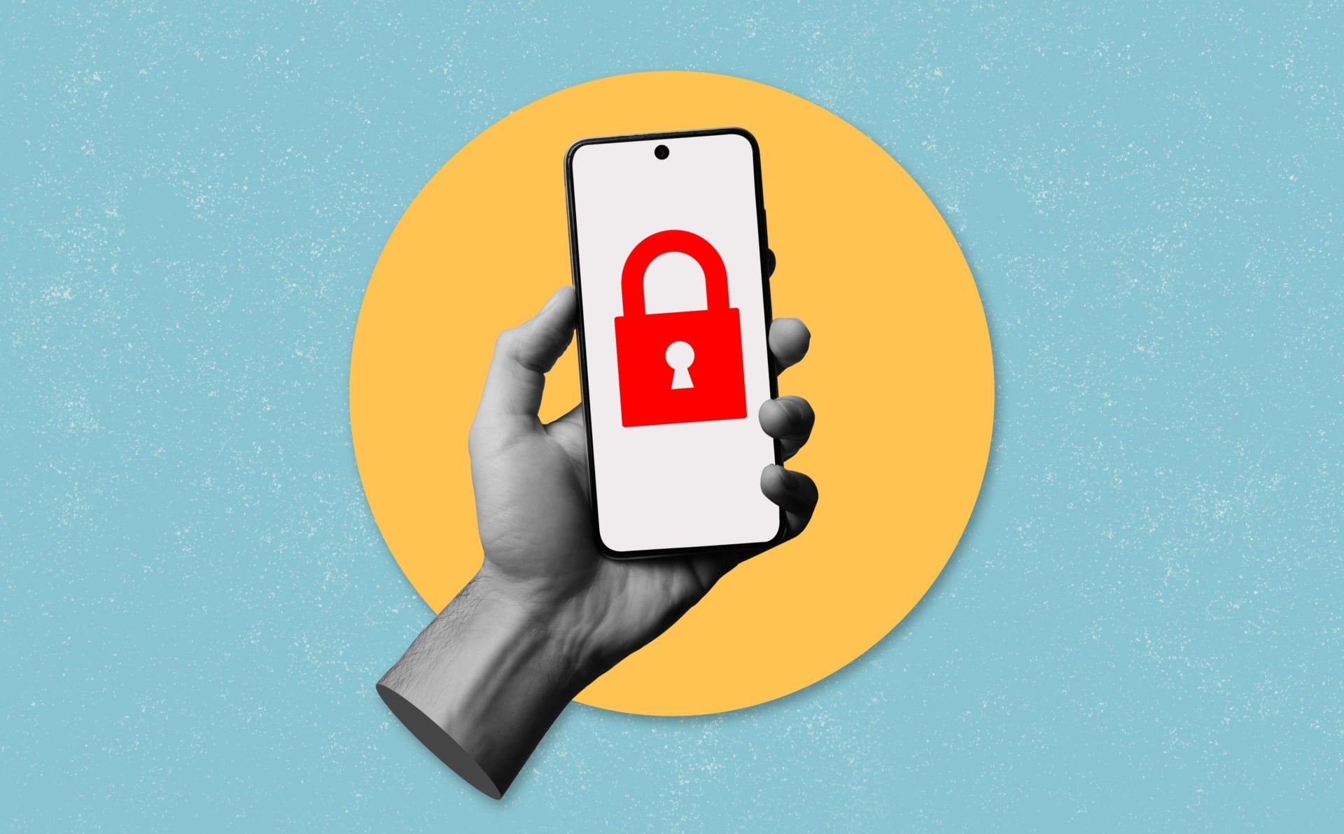 A collage showing a hand holding a phone with a red lock symbol on it