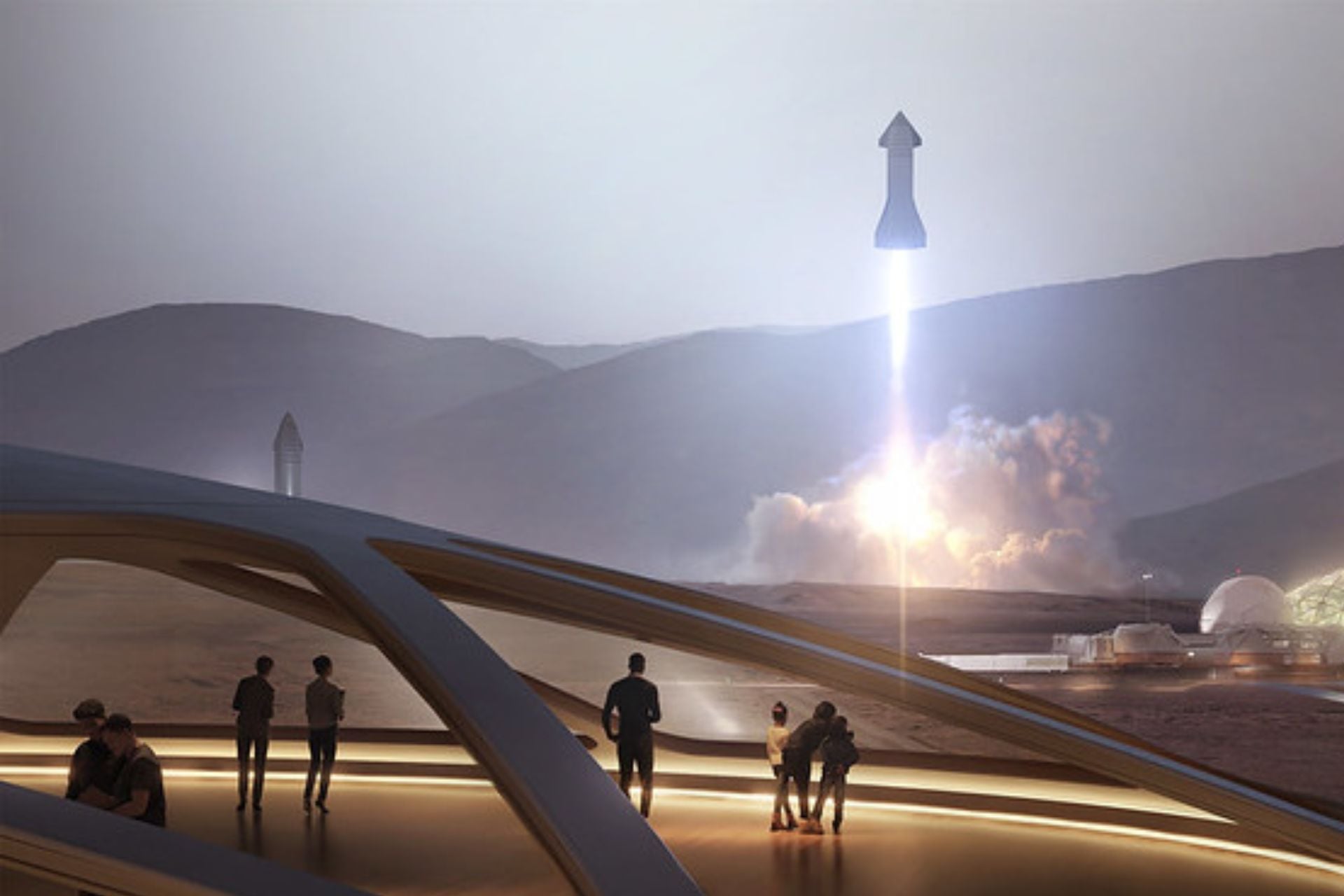 In this SpaceX rendering of a Martian colony, children watch a Starship launch in the distance 