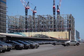 A gargantuan 700,000-square-foot rocket bay, called the ''Gigabay,'' takes shape at SpaceX's South Texas testing site, called Starbase, in Cameron County, Texas, on February 6, 2026. A fleet of Tesla Cybertrucks is parked nearby.