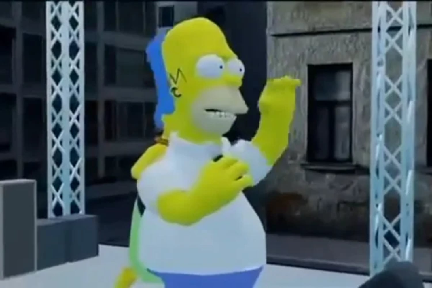 A 3D-animated Homer Simpson singing on stage