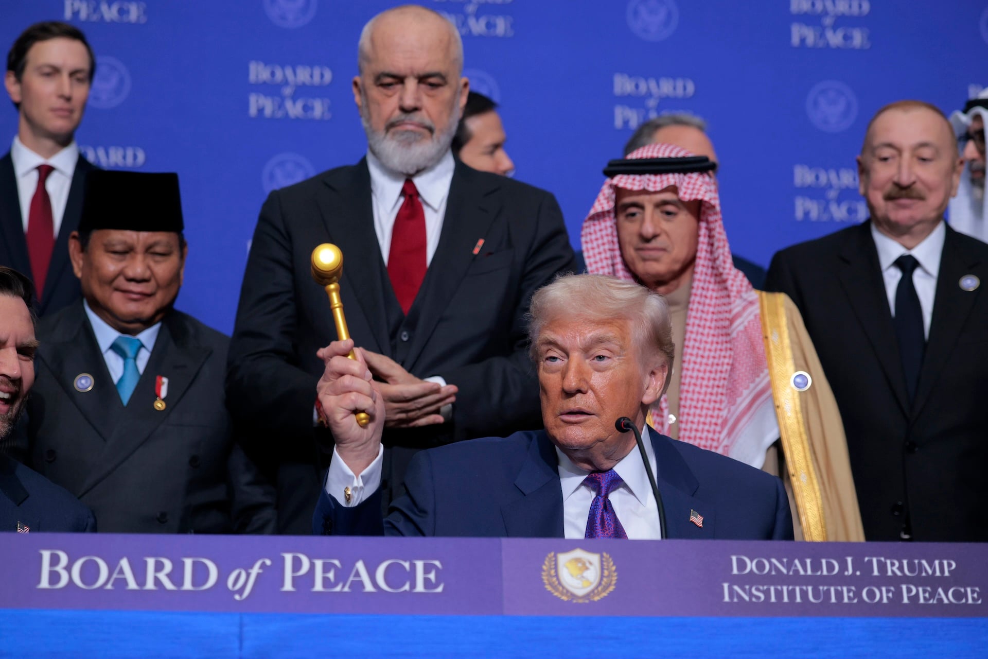 President Donald Trump gavels the inaugural meeting of the Board of Peace to a close at the Donald J. Trump Institute of Peace on February 19, 2026 in Washington, DC. 