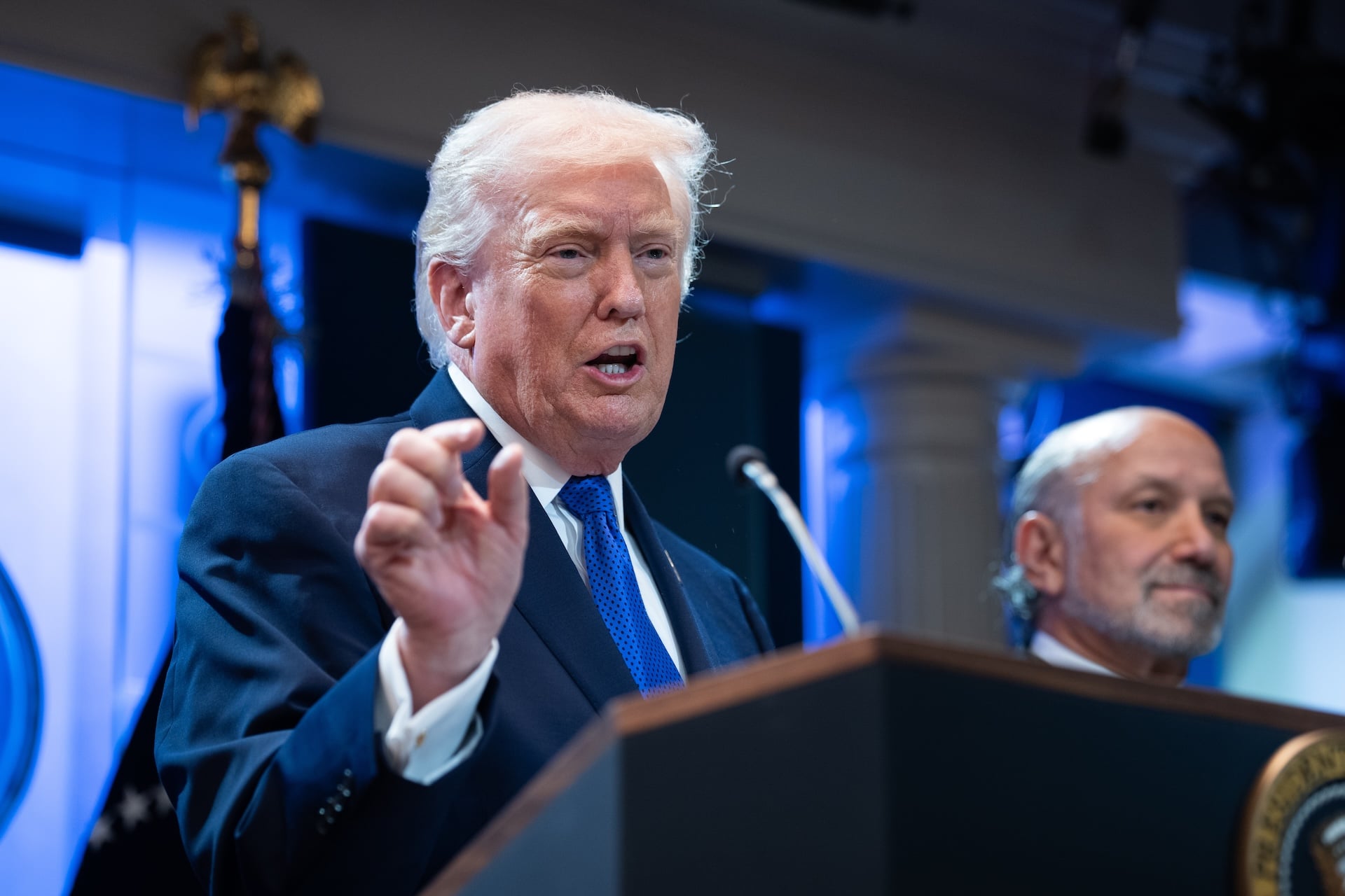 President Donald Trump answers questions during a press briefing held at the White House February 20, 2026 in Washington, DC.  