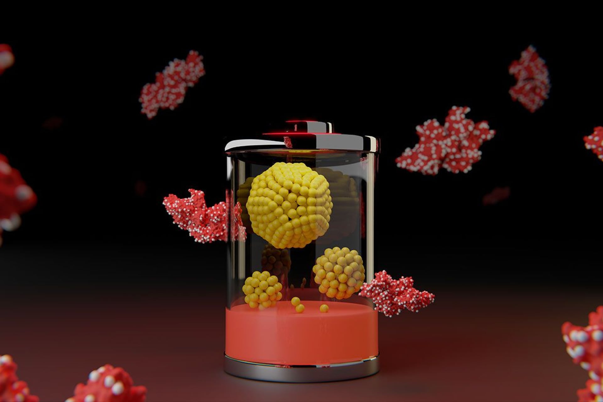 An illustration symbolizes new battery technology: Proteins (red) hold tiny clusters of metal (silver). Each yellow ball in the structures at center represents a single atom of nickel or iron.