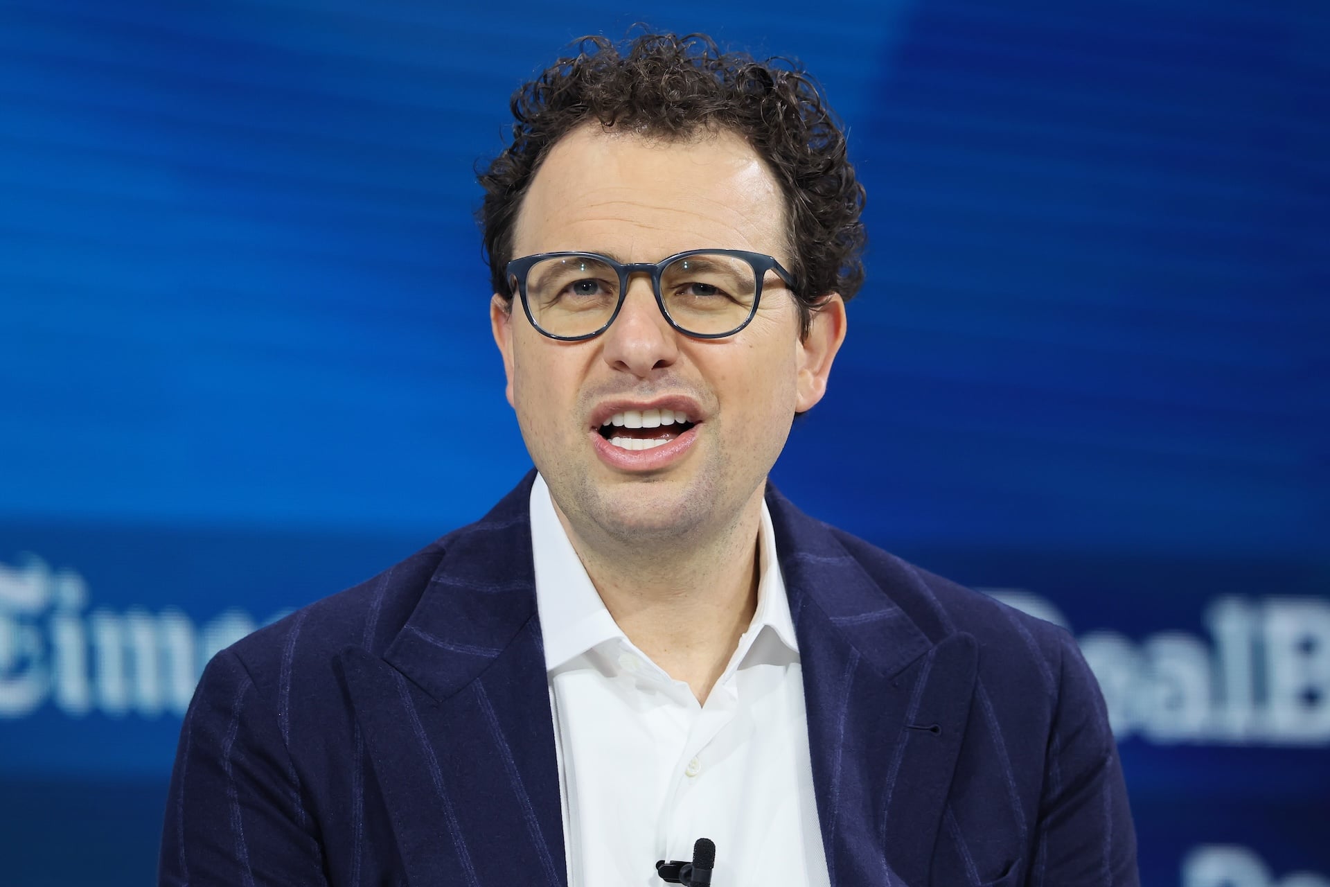 CEO and co-founder of Anthropic Dario Amodei speak onstage during the 2025 New York Times Dealbook Summit at Jazz at Lincoln Center on December 03, 2025 in New York City. 
