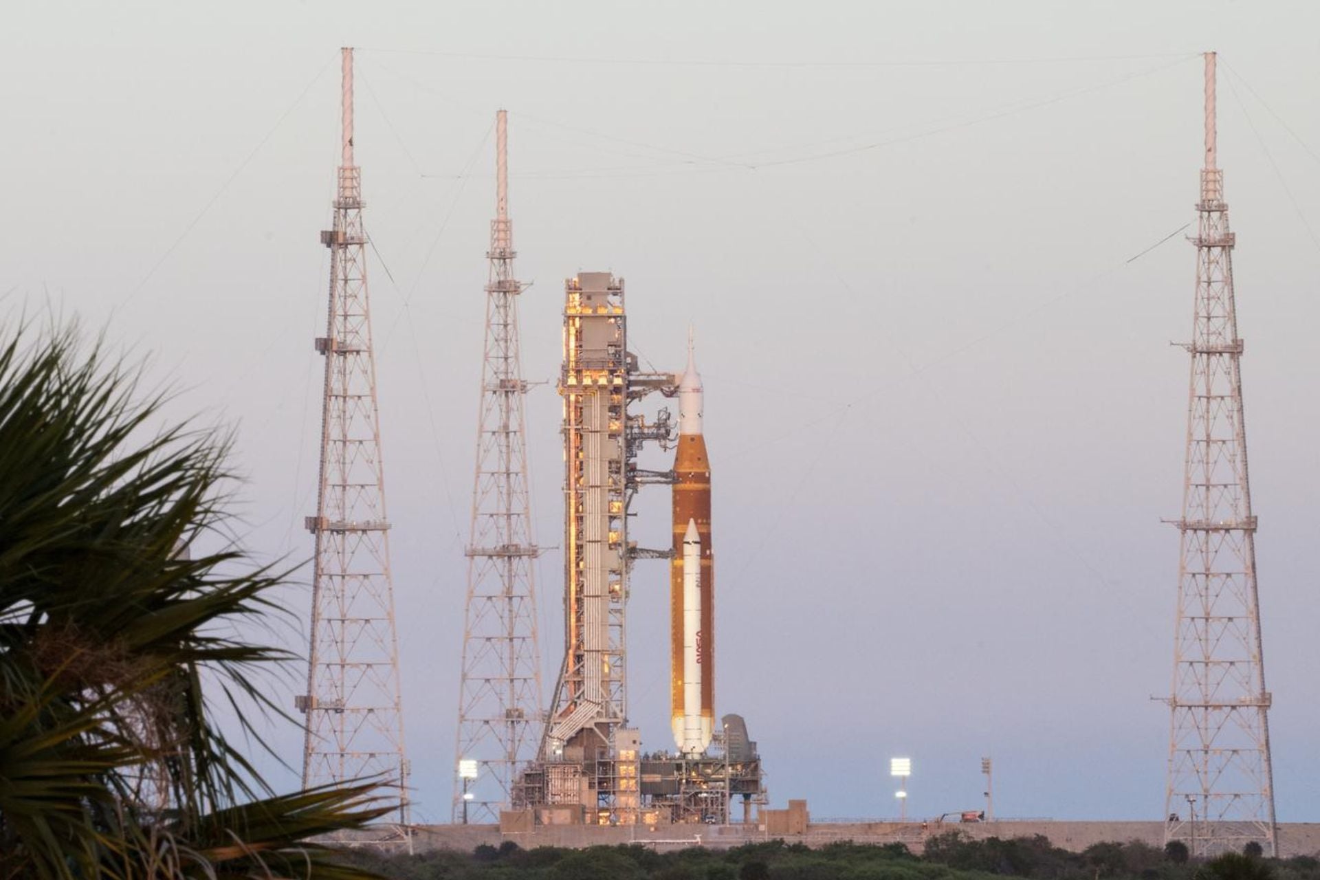 NASA’s Artemis 2 Space Launch System (SLS) rocket and Orion spacecraft are seen at sunset at Launch Complex 39B, Friday, March 27, 2026, at NASA’s Kennedy Space Center in Florida