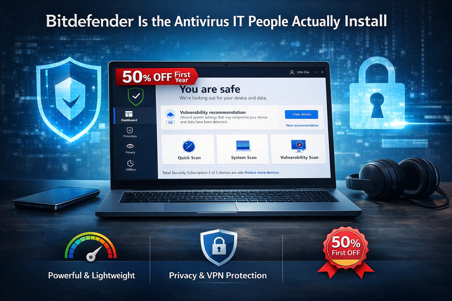 Bitdefender’s clean dashboard keeps security simple without overwhelming the user.