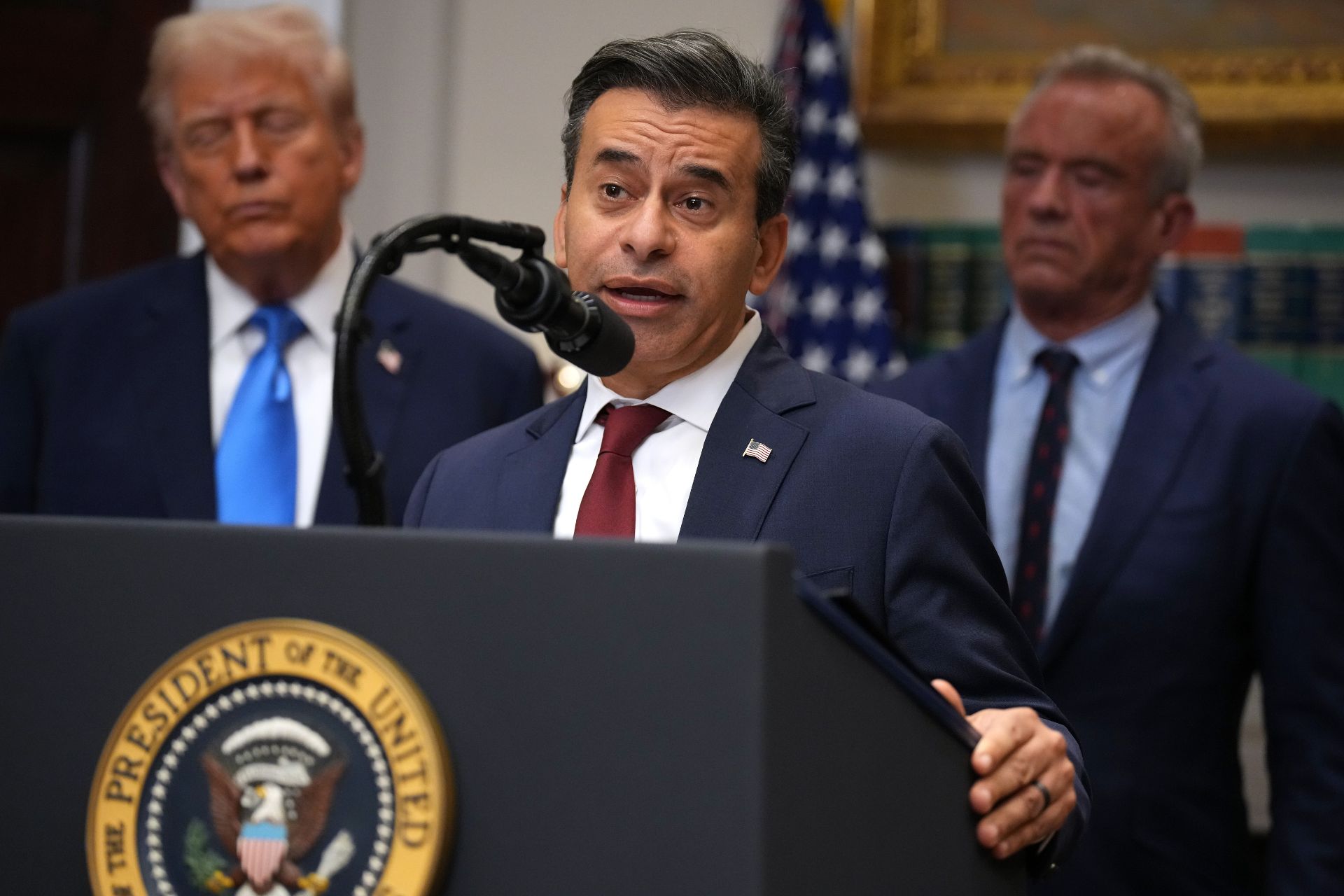 FDA commissioner Marty Makary, seen above with Trump and RFK Jr., claimed last September that leucovorin could possibly help hundreds of thousands of kids with autism.  