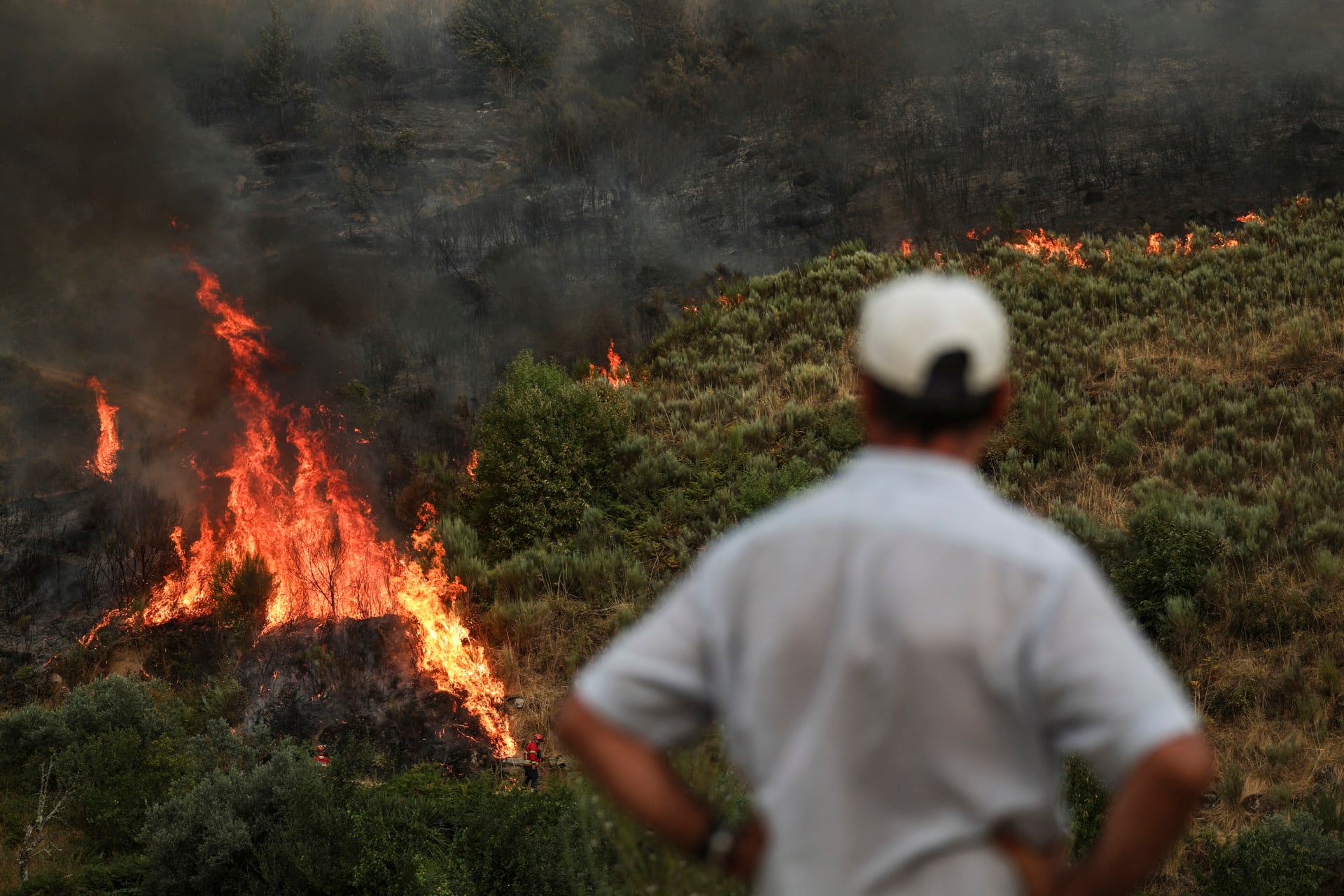 A wildfire rages in Portugal as a man watches on