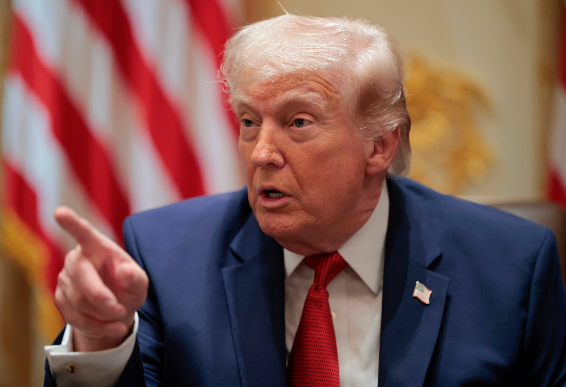 President Trump talking and pointing his finger in a White House meeting