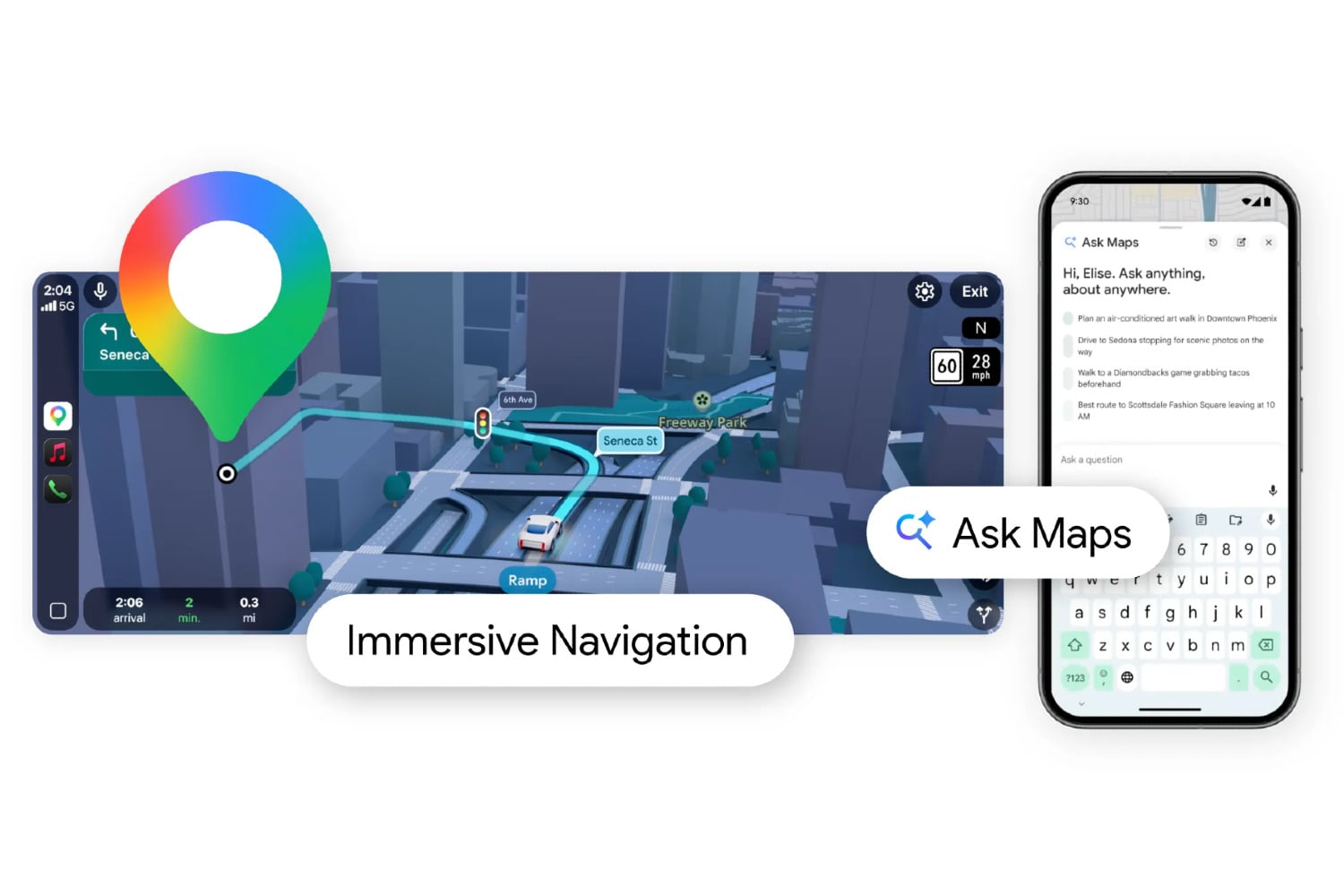 A promotional image showing the Google Maps app with Gemini
