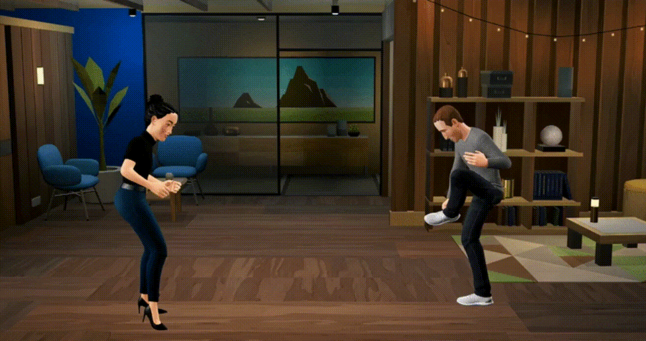 Animated .gif of video game style renderings of Meta CEO Mark Zuckerberg and another person within Horizon Worlds excitedly moving their legs as if they are new.