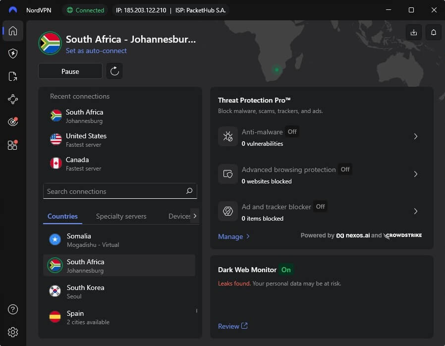 Nordvpn South Africa Connected
