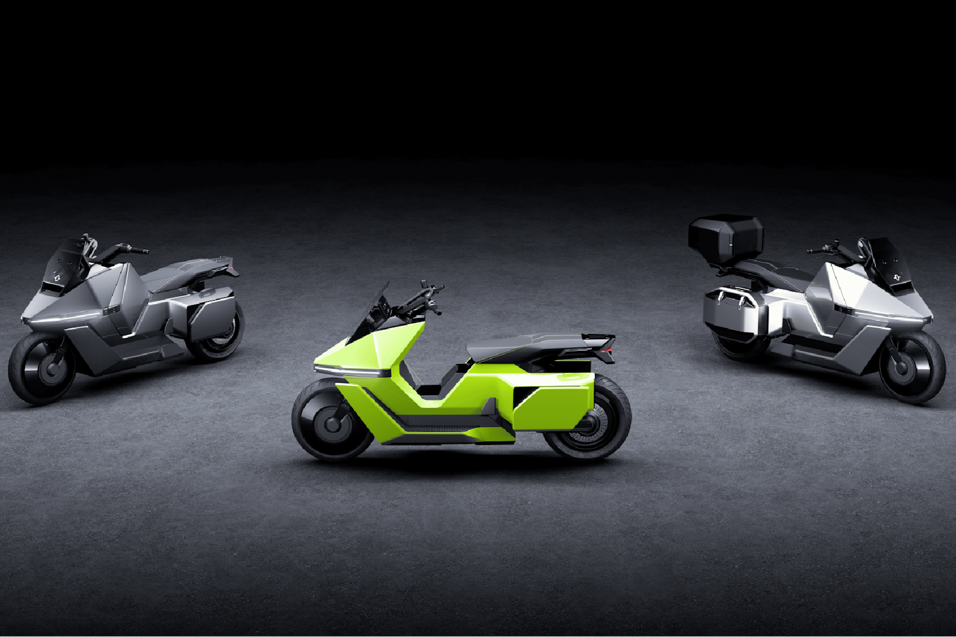 A photo of three Omoway electric motorbikes.