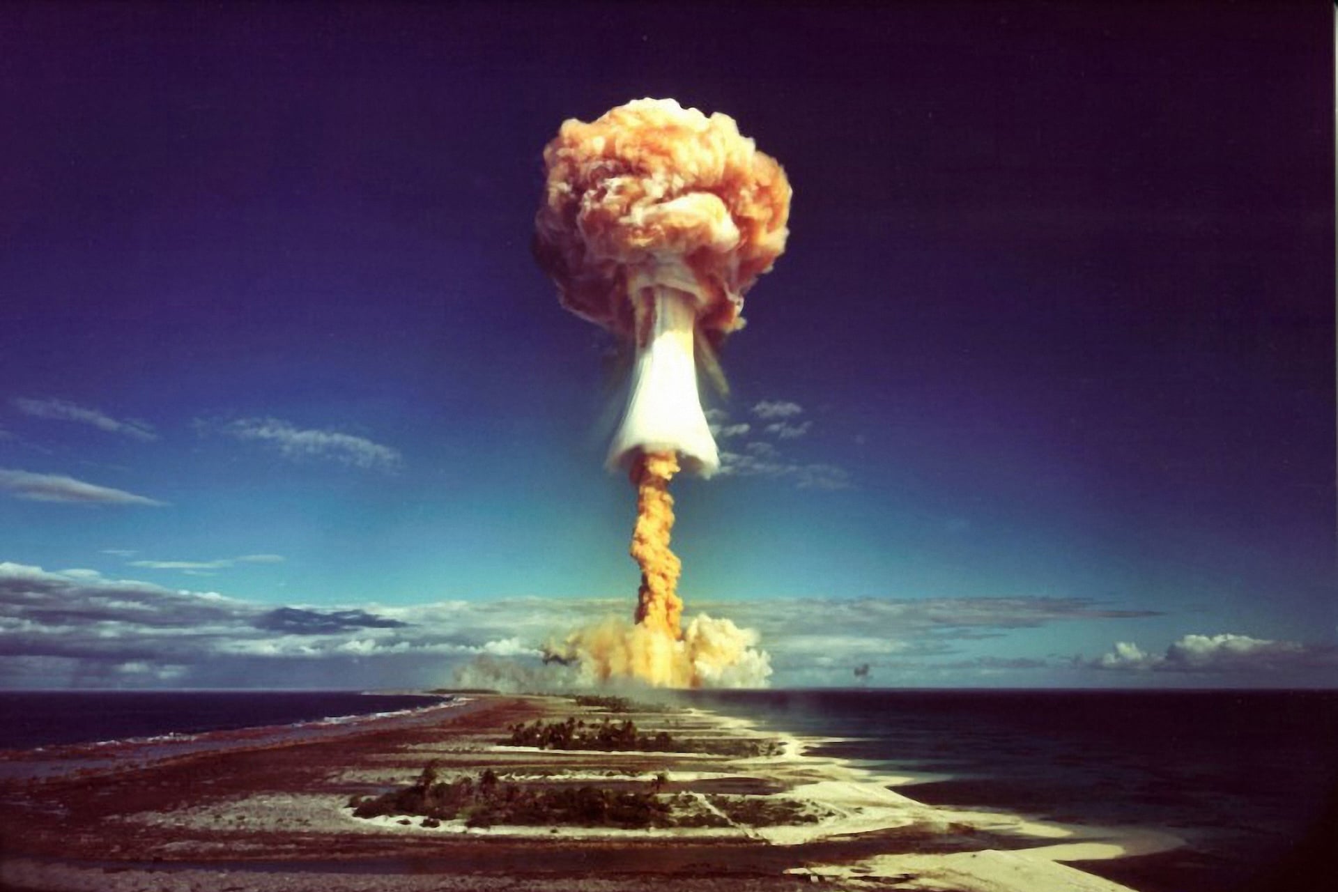 A mushroom cloud after the explosion of a French atomic bomb above the atoll of Mururoa, also known as Aopuni, in 1971.