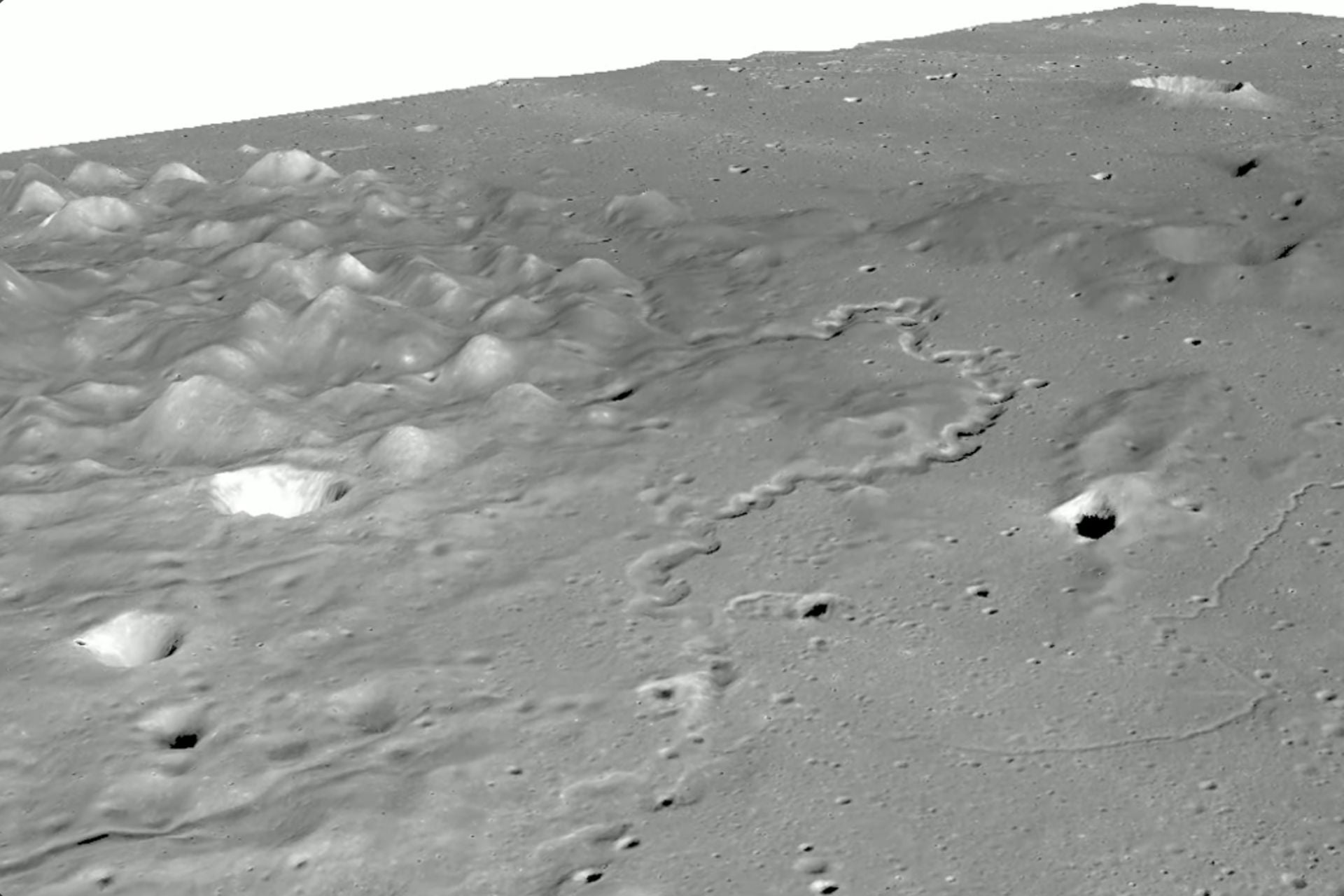 This still frame from a flyover video of Rimae Bode showcases its unique terrain, advantageous for crewed landings and scientific research 
