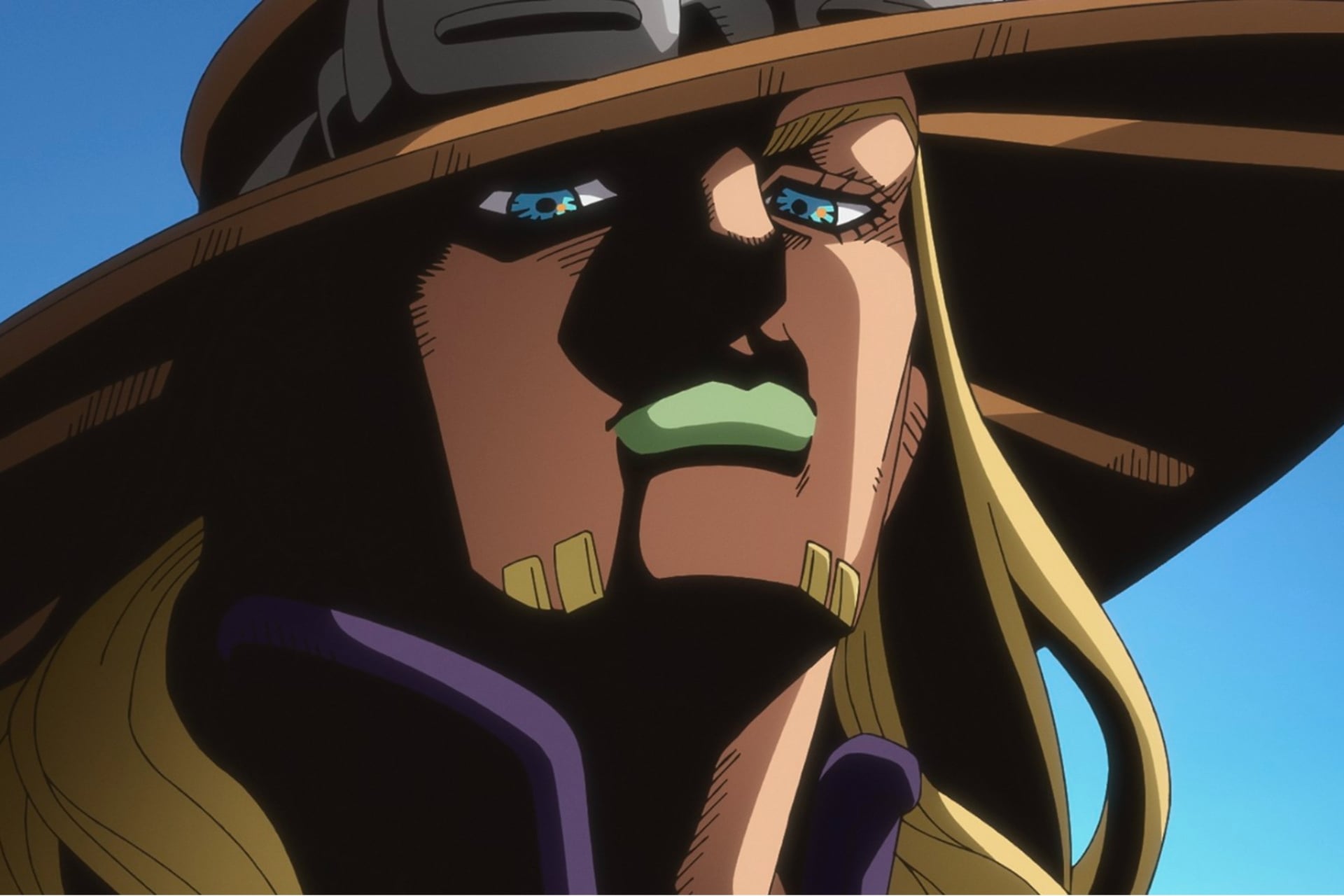 Steel Ball Run still of Gyro glaring menacingly.