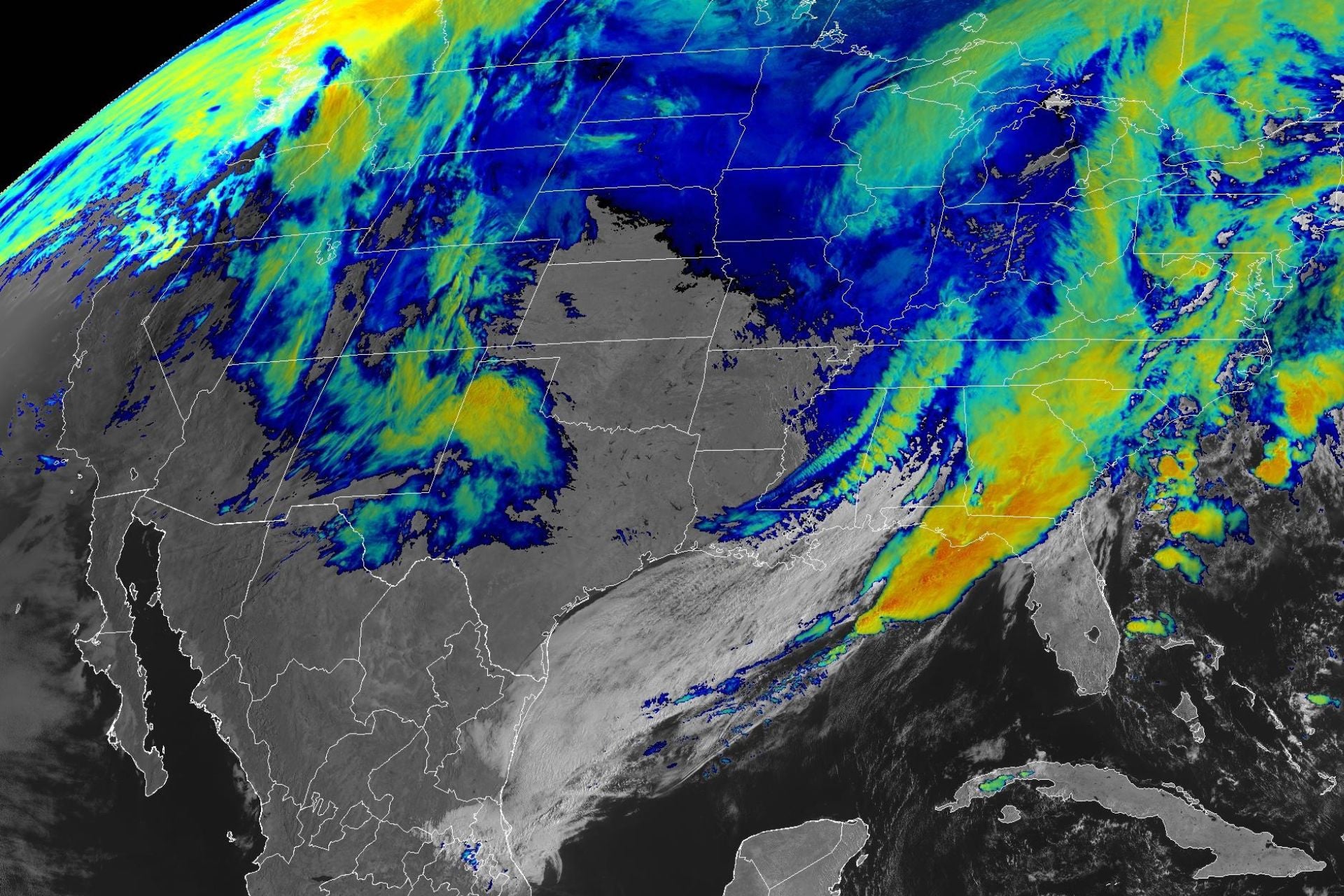 A composite satellite image of multiple storm systems impacting the United States on March 16, 2026