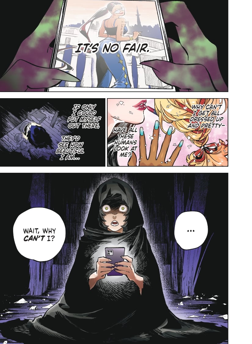 Wicked Spot panel of Sada looking at influencers on her phone.