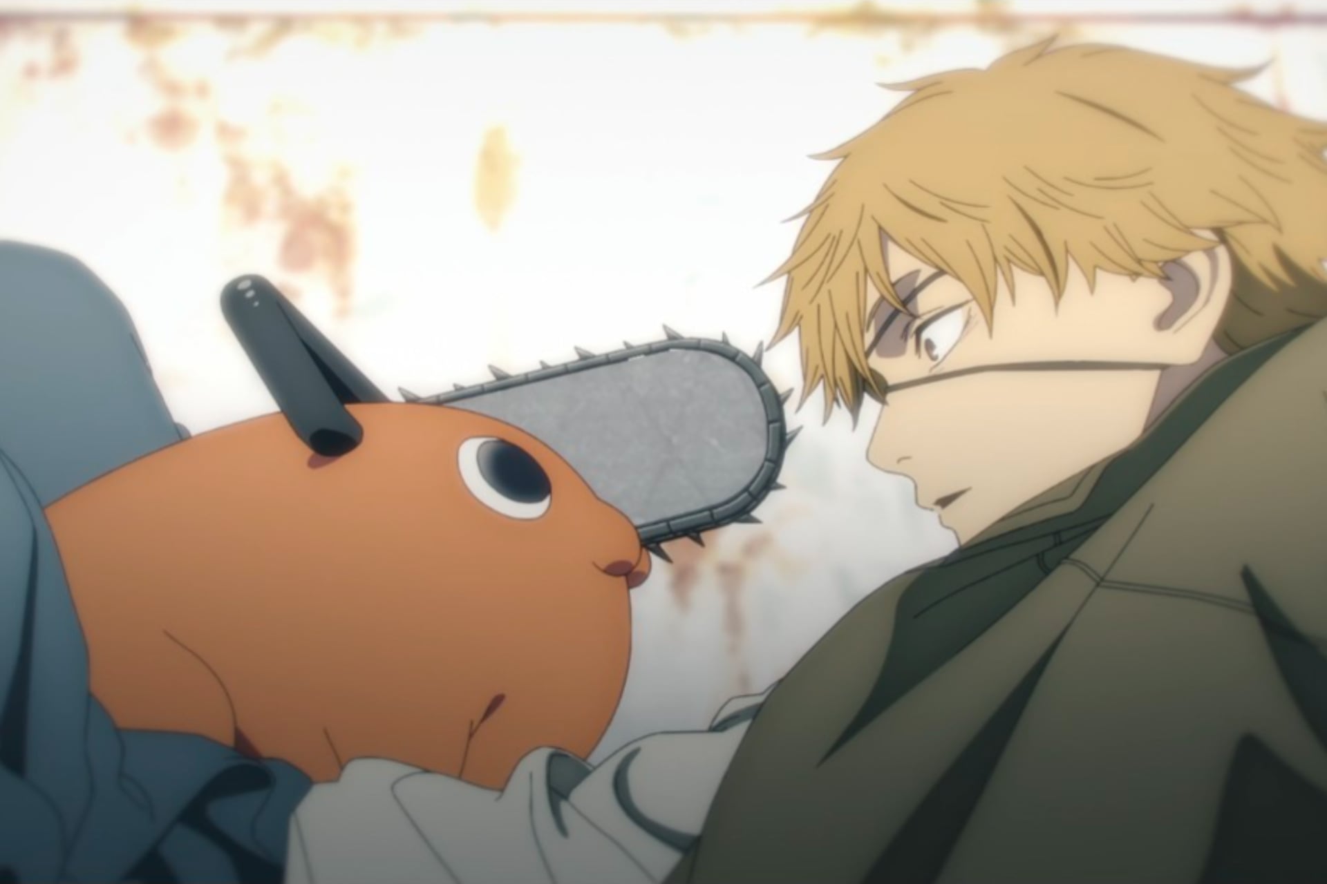 Chainsaw Man still of Denji staring at Pochita.