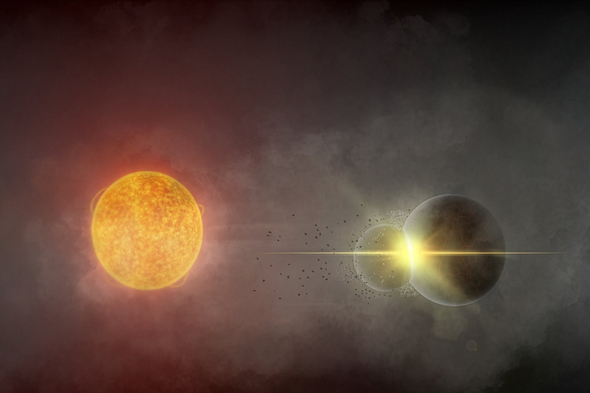 An illustration of the two planets colliding around star Gaia20ehk in 2021.