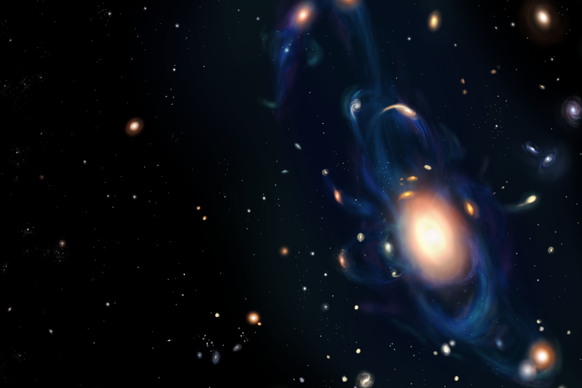 An artist's impression of a faint galaxy in which a neutron star merger produced a short gamma-ray burst.