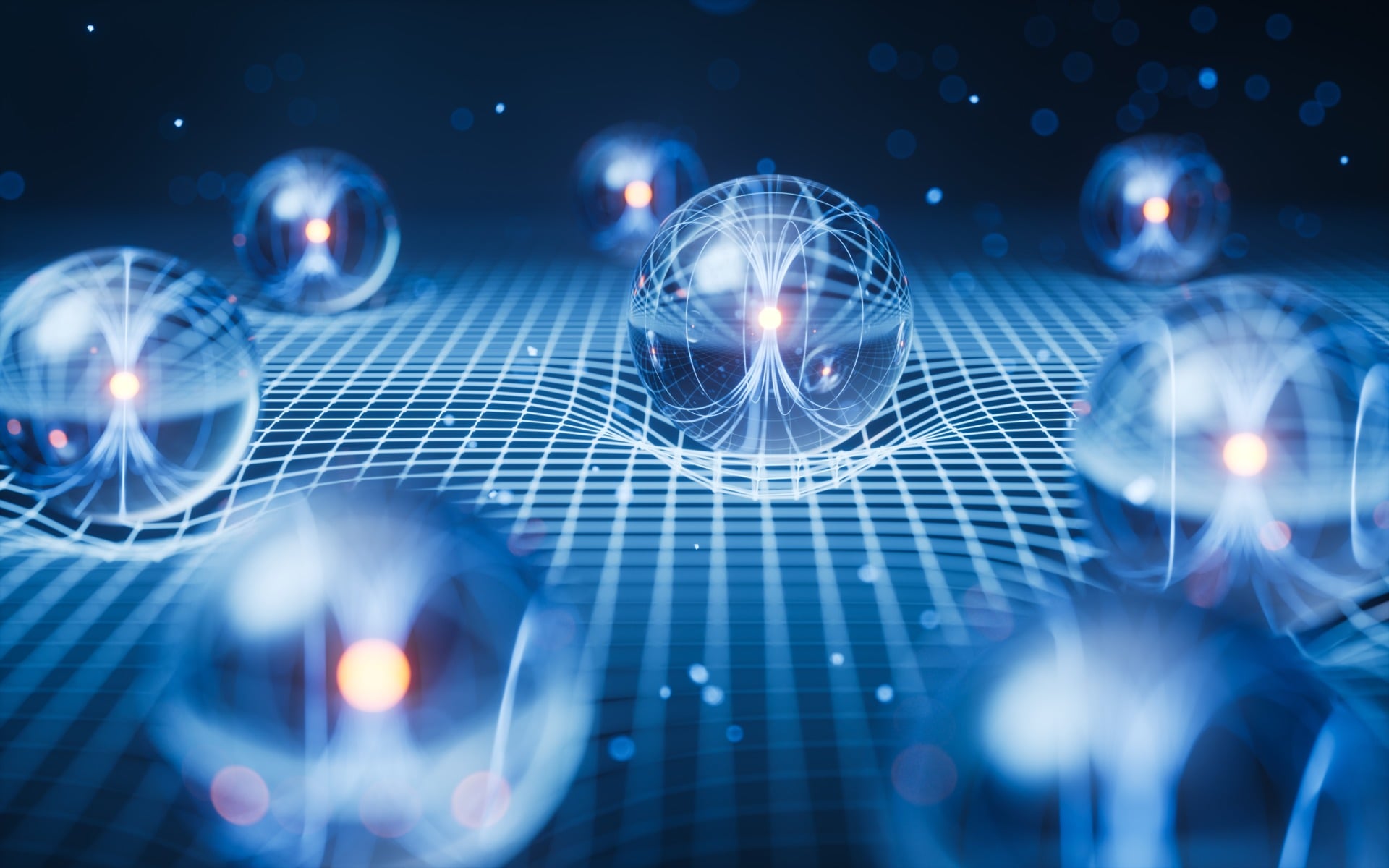 A 3D illustration depicting quantum systems embedded in spacetime.