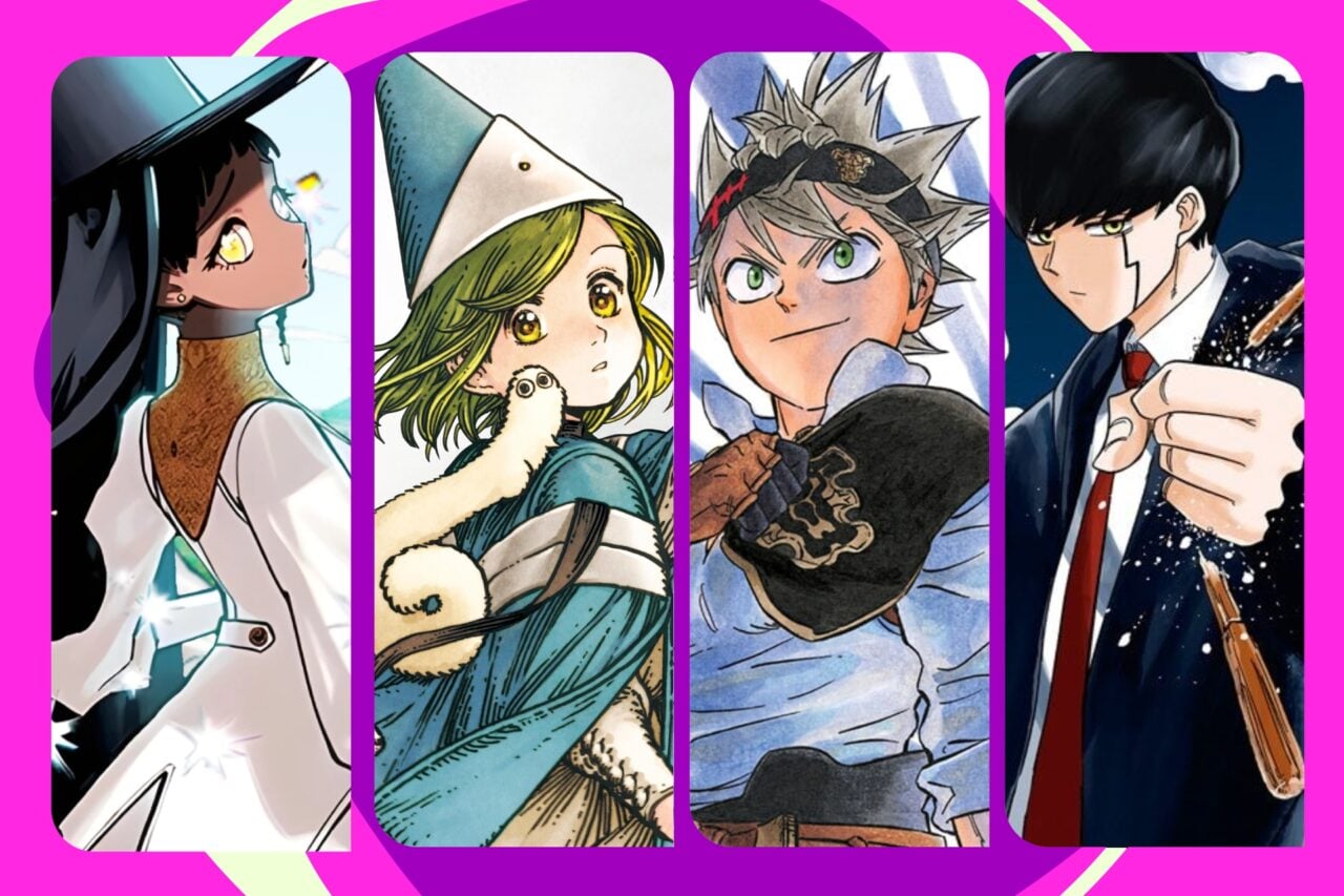 Manga collage of characters from Ichi The Witch, Witch Hat Atelier, Black Clover, and Mashle.