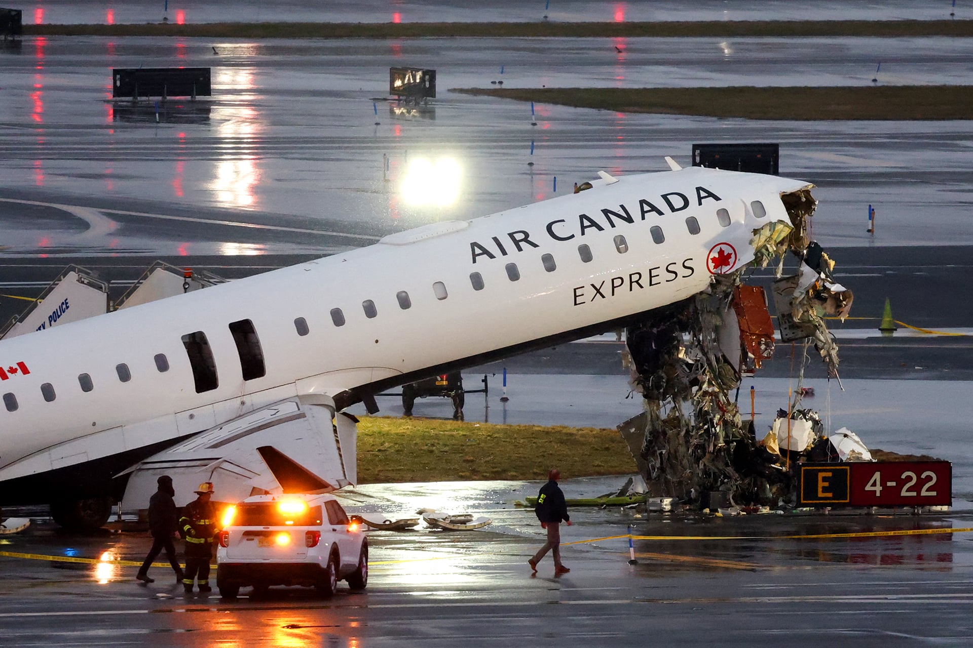 Wreckage of Air Canada passenger jet seen on LaGuardia tarmac.
