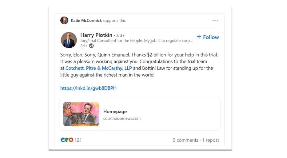 The LinkedIn post a judge in Delaware appears to have liked, though she denied doing it intentionally.