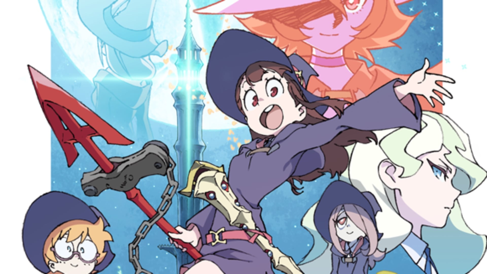 Poster visivo chiave di Little Witch Academia del suo cast.