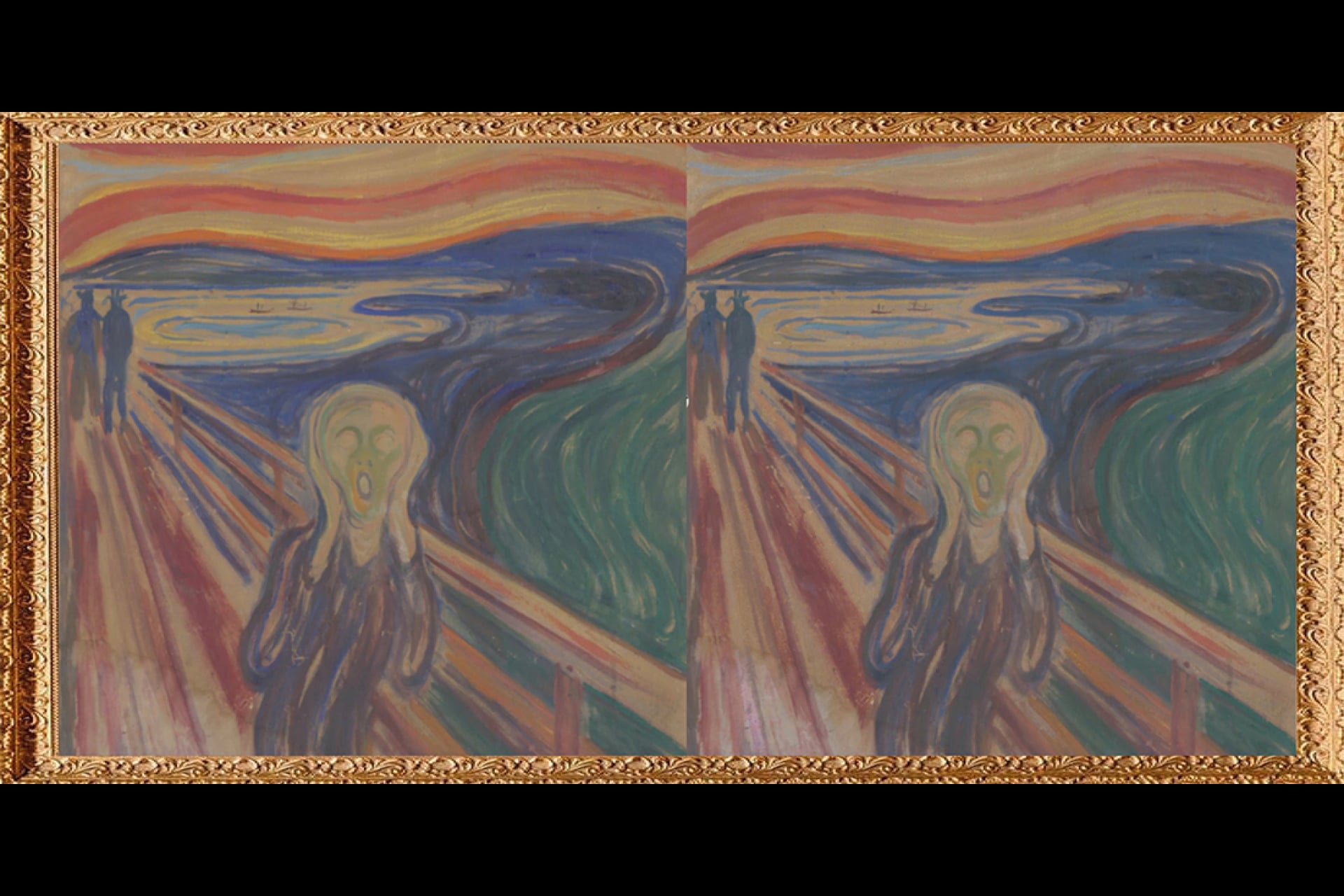 On the right, The Scream as it may appear in 300 years. Some areas, such as the green ones, are very stable. Cadmium yellow and vermilion red are far more vulnerable to light. damage. 