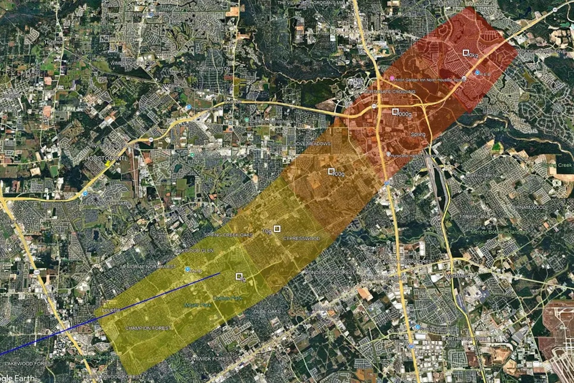 A NASA map showing where meteorite fragments may have fallen in Texas.
