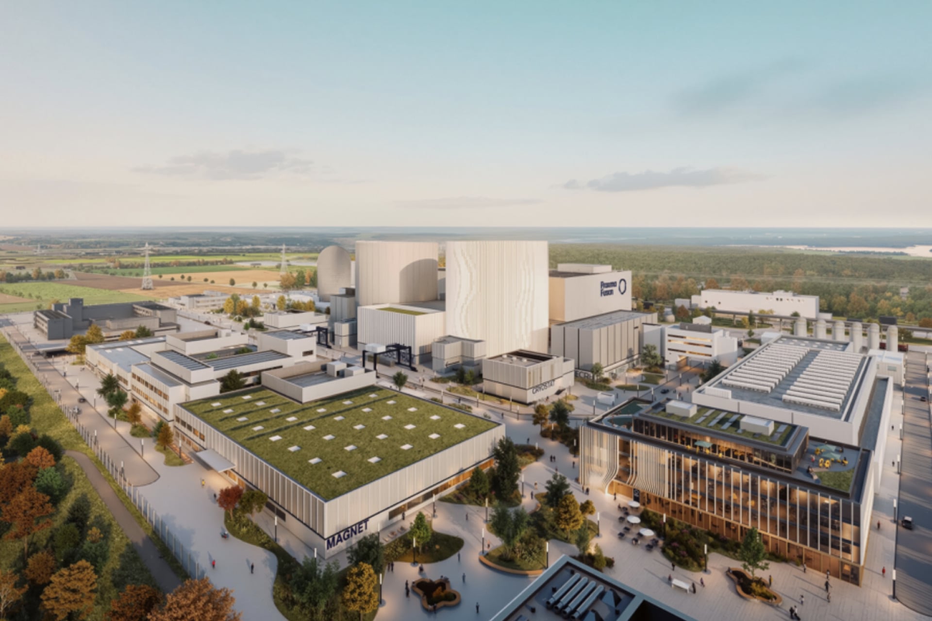 Artistic rendering of the future site of Proxima Fusion’s Stellaris, the first commercial stellarator fusion power plant, in Gundremmingen, Germany.