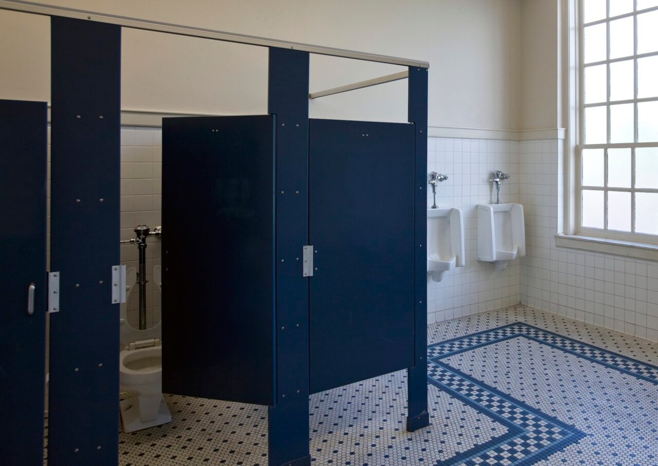 Row of toilet stalls and urinals