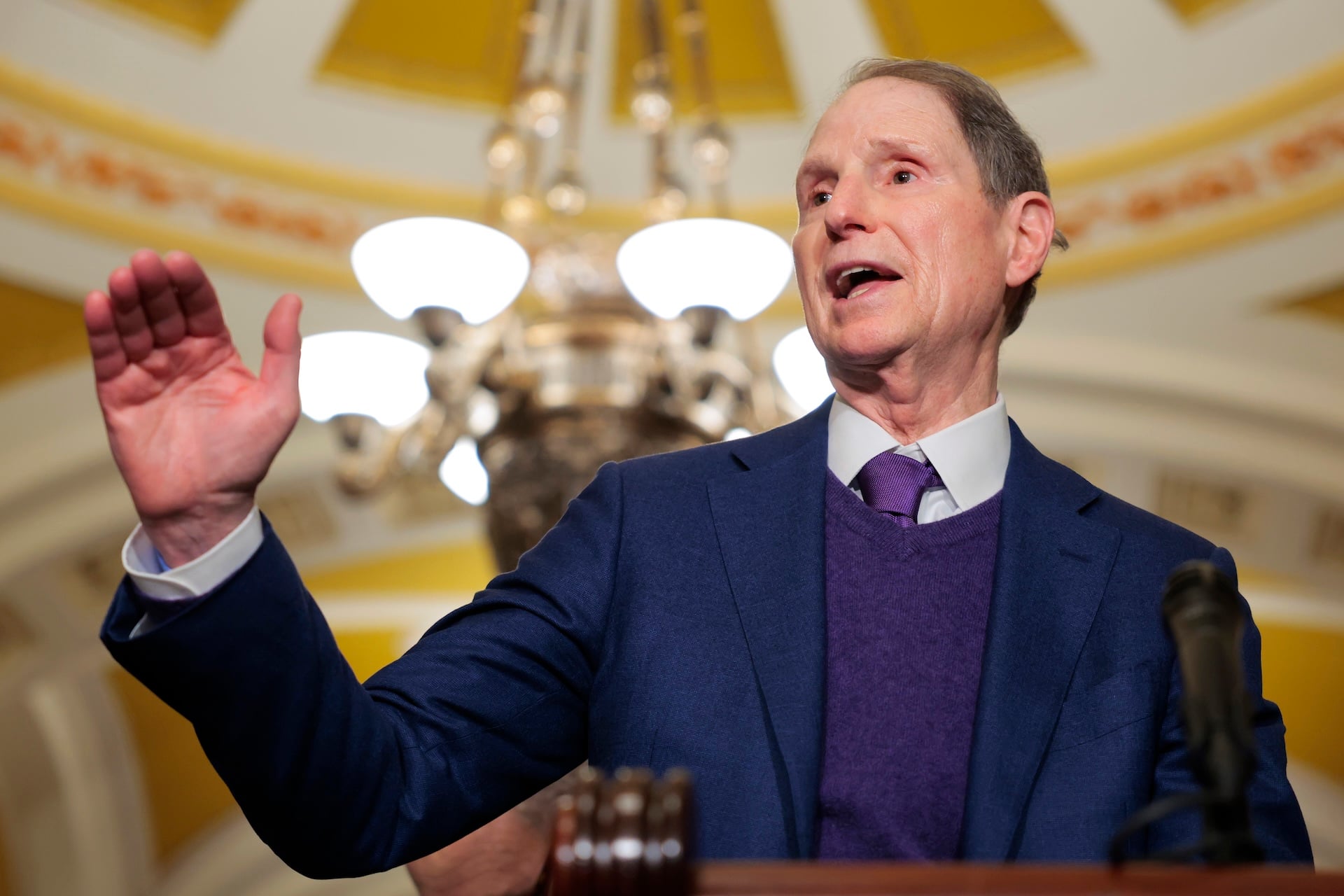 Sen. Ron Wyden (D-OR) speaks to reporters following a Senate Democratic policy luncheon at the U.S. Capitol on December 09, 2025 in Washington, DC.  
