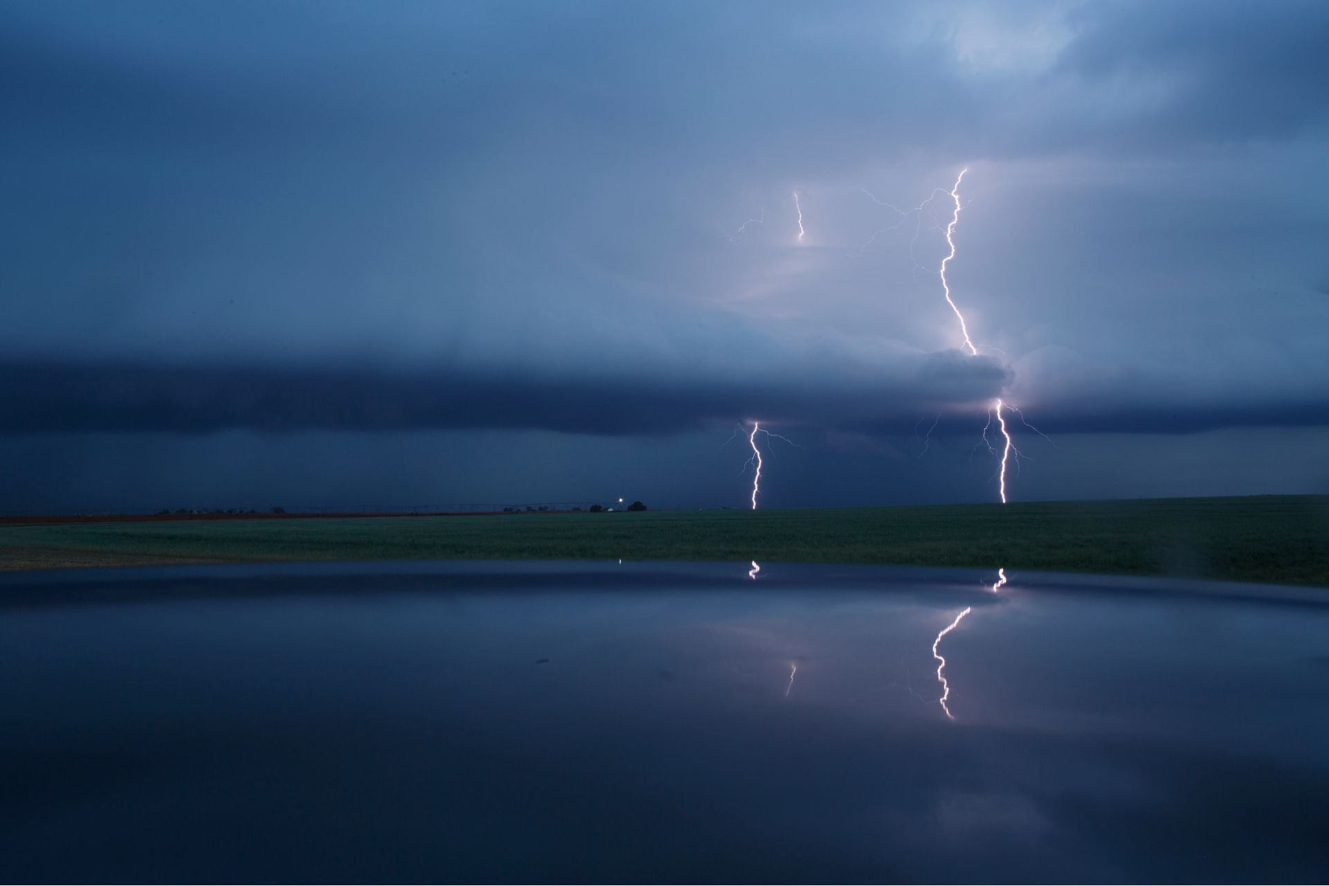 Cloud to ground lightning strikes during a supercell thunderstorm on May 9, 2017, in Lamb County, Texas