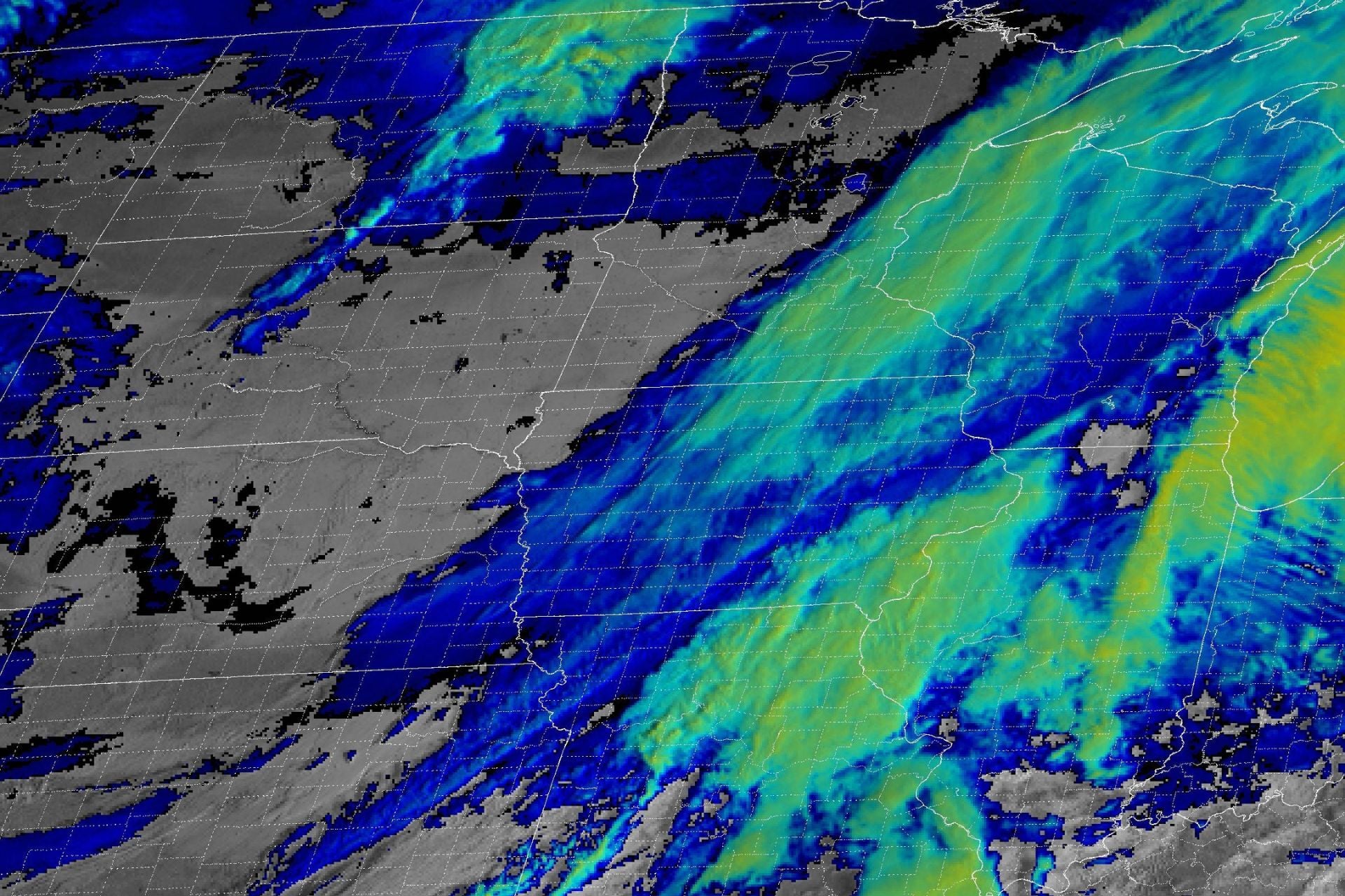 Satellite imagery of thunderstorms over the Upper Mississippi Valley on March 11, 2026 