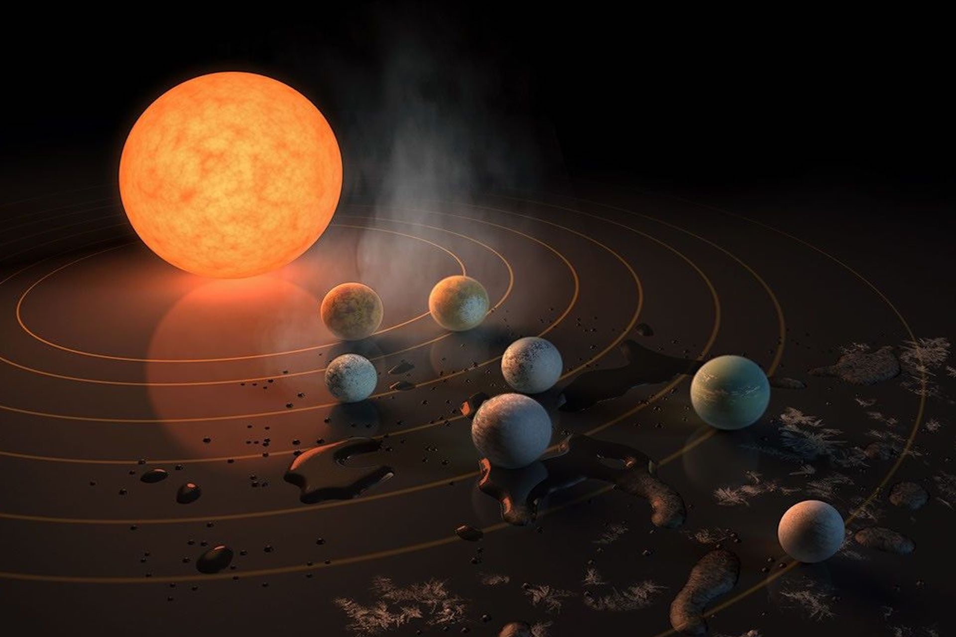 This artist's concept features the nearby star TRAPPIST-1, an ultra-cool dwarf, with seven Earth-sized planets orbiting it.