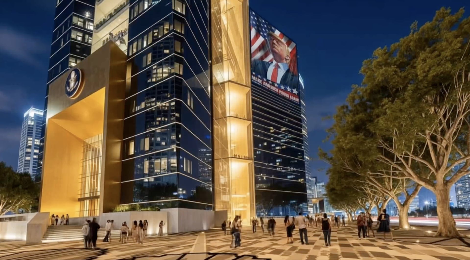 Artistic rendering of a building intended to be the Donald Trump Presidential Library, seen from ground level