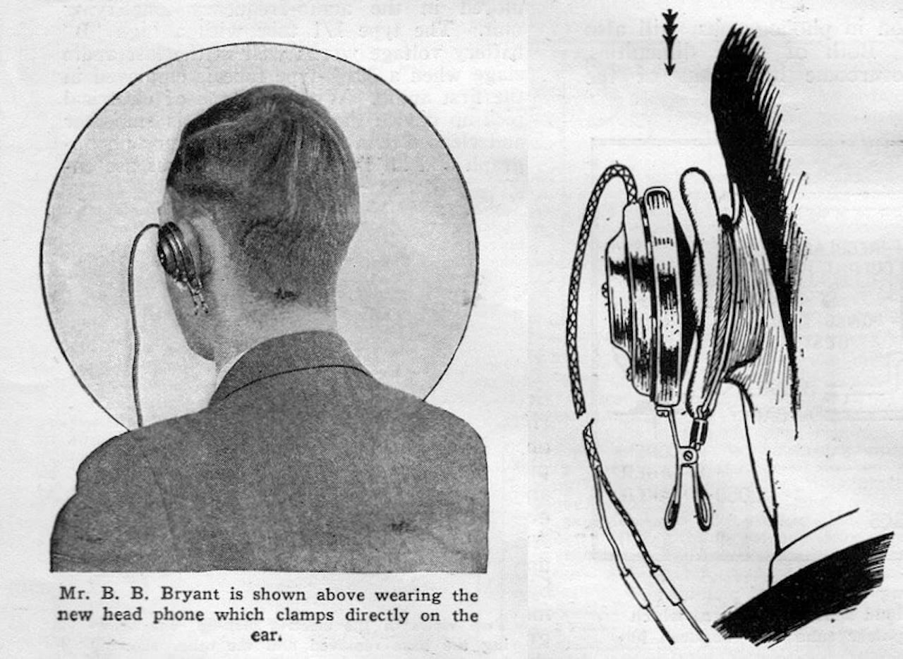Clip-on headphones from the June 1927 issue of Hugo Gernsback's Science and Invention magazine. Images: Science and Invention / Matt Novak / Gizmodo