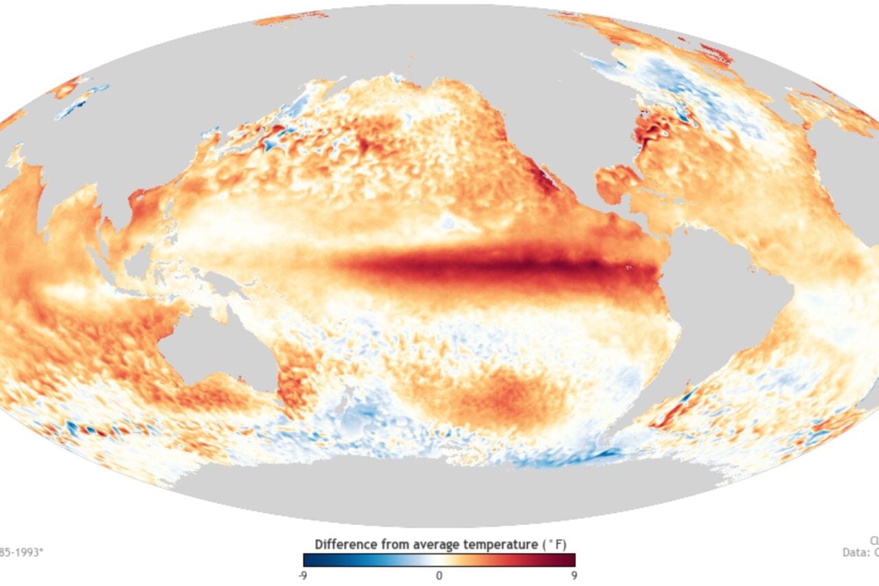 Sea Surface anomalies across the Earth in November 2015 during the 2014 to 2016 "super" El Niño event