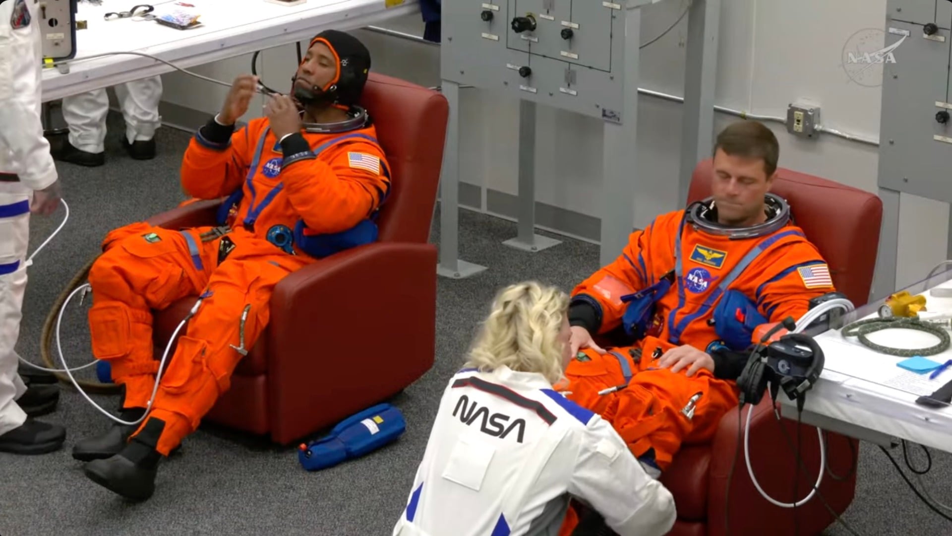 2 of the Artemis 2 astronauts in the suit-up room