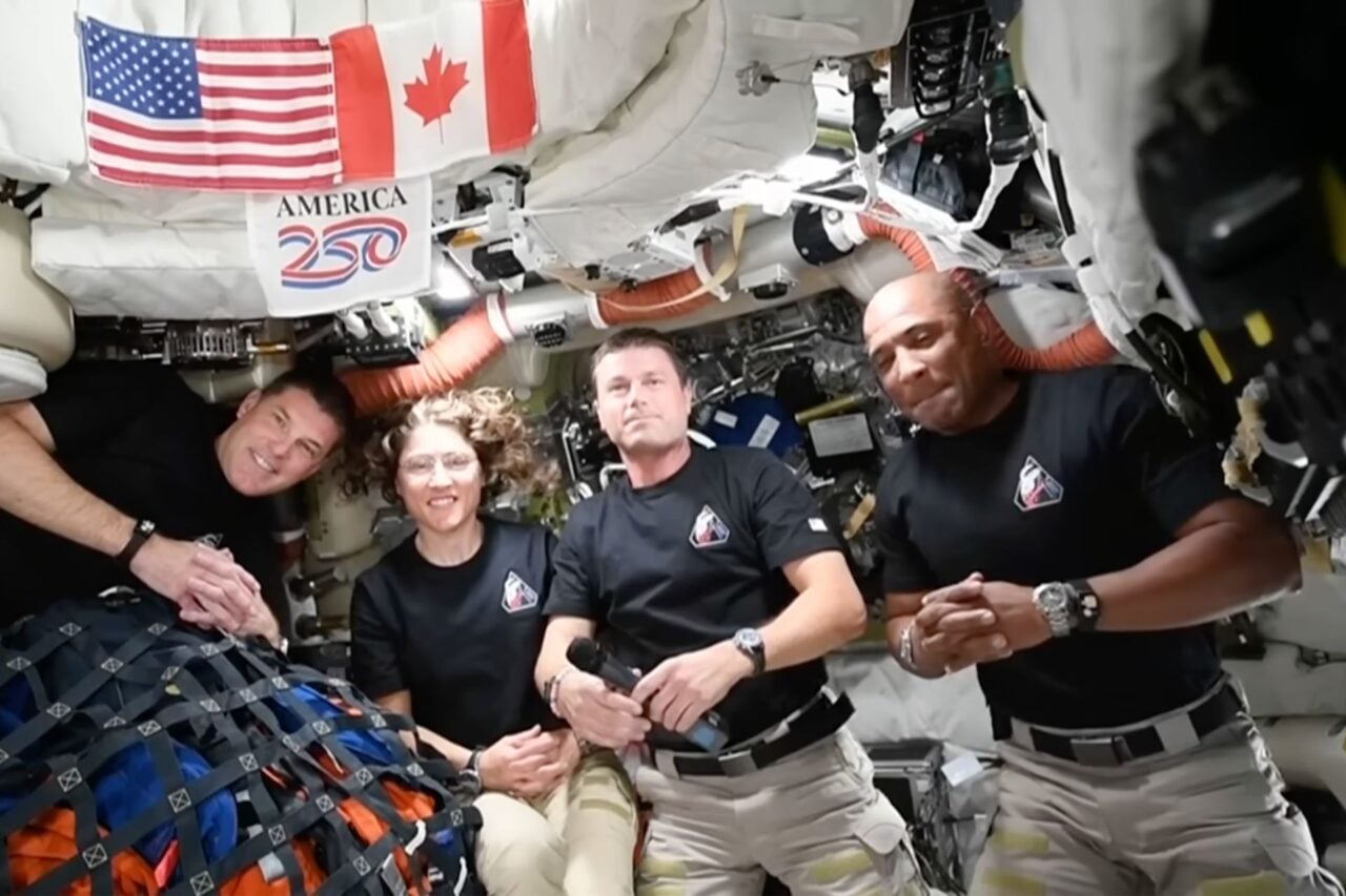 The Artemis 2 astronauts speaking with President Trump after completing the lunar flyby on Monday, April 7, 2028