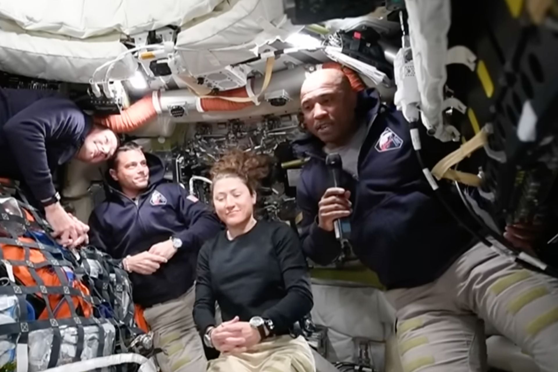 Artemis 2 astronauts (from left to right) Jeremy Hansen, Reid Wiseman, Christina Koch, and Victor Glover take questions aboard the Orion spacecraft on Thursday, April 2, 2026