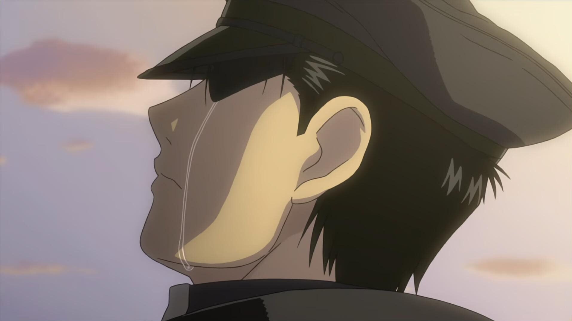 Fullmetal Alchemist Brotherhood still of Roy Mustang crying. 