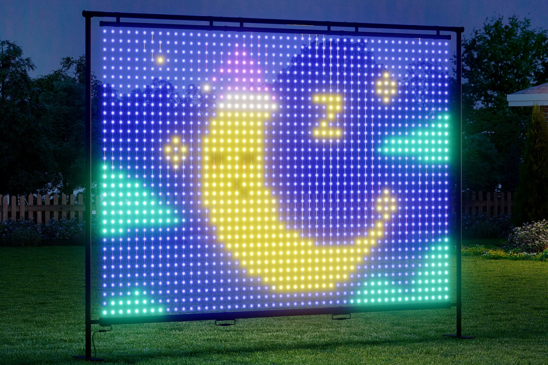 A Govee Lightwall with an image of a sleeping, cartoon crescent moon.