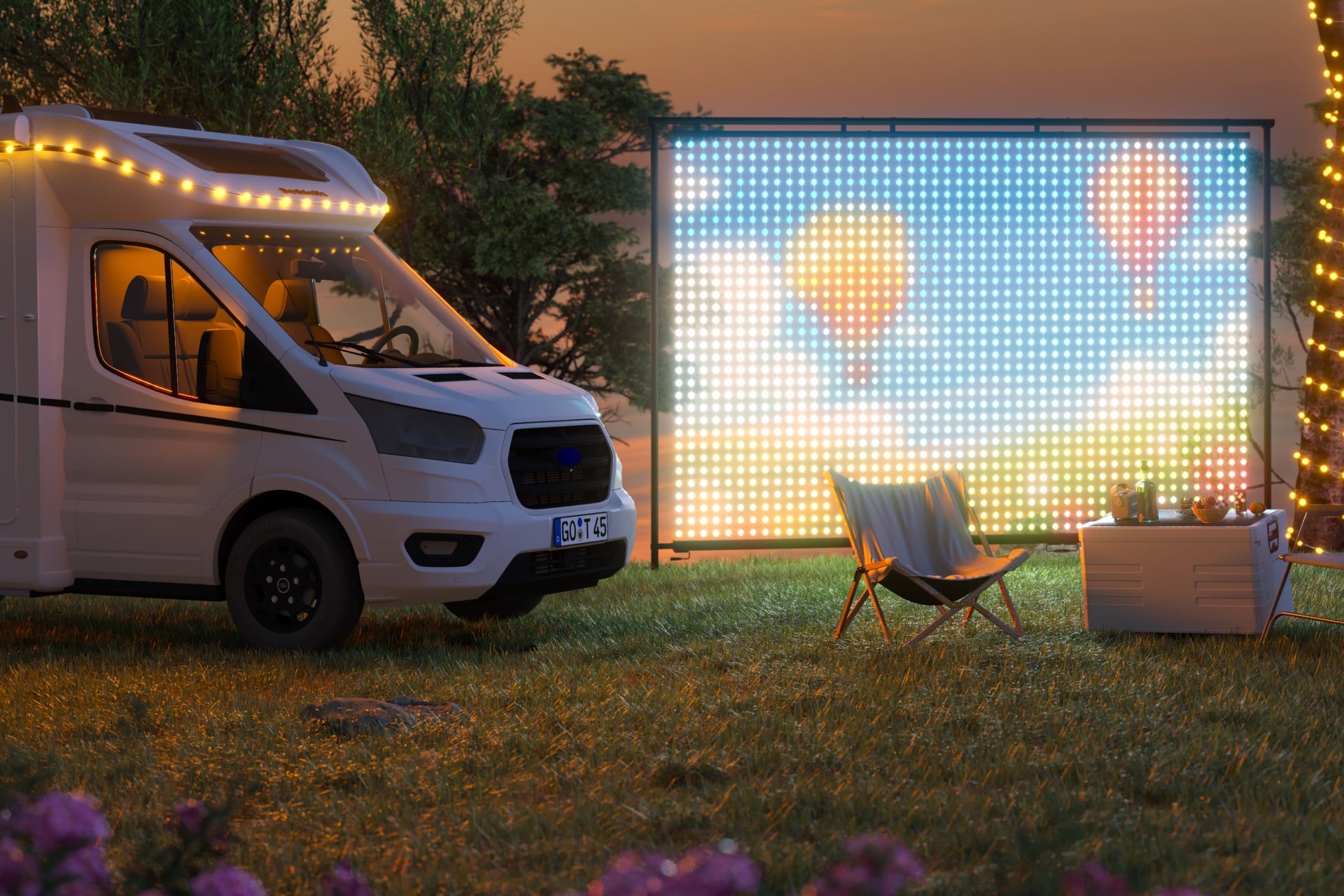 A converted van sits next to a Govee Lightwall with an image of hot air balloons against a cloudy blue sky.