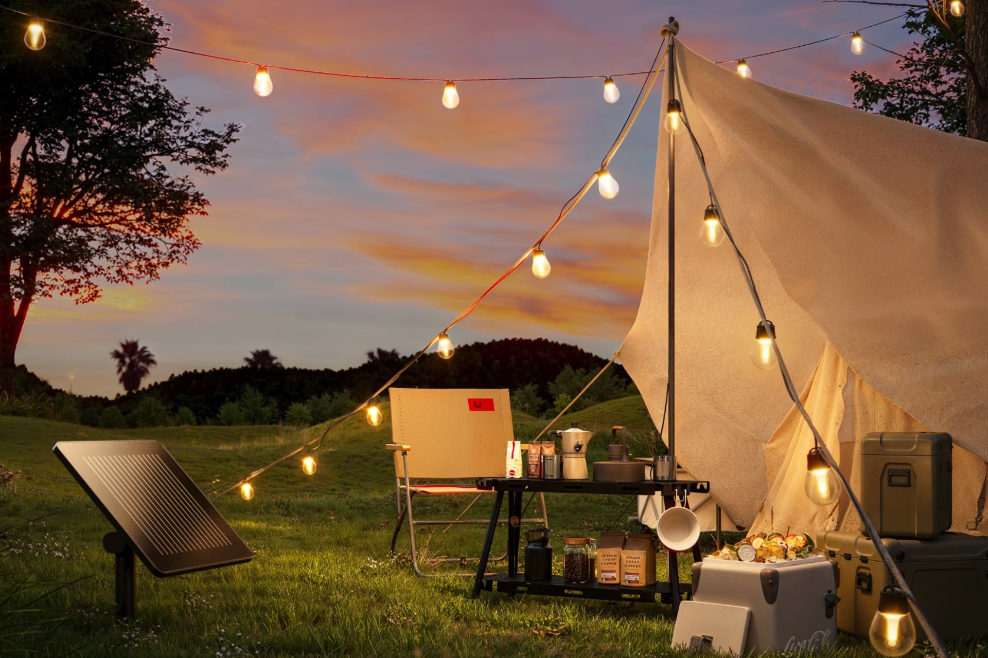 Govee Outdoor Solar String Lights used in a camping scenario