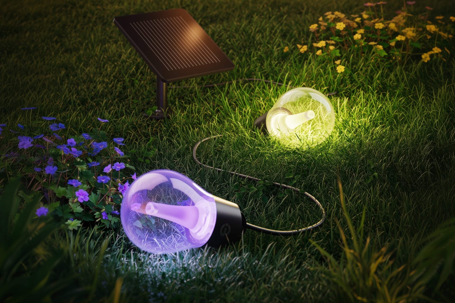 Close up of the Govee Outdoor Solar String Lights and their solar panel laying in grass.